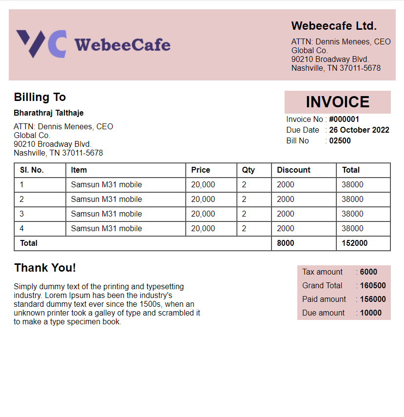 Simple invoice design using html and css